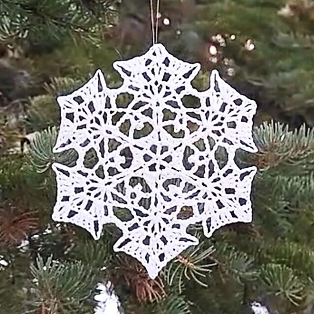 A crocheted snowflake hanging in a spruce pine tree